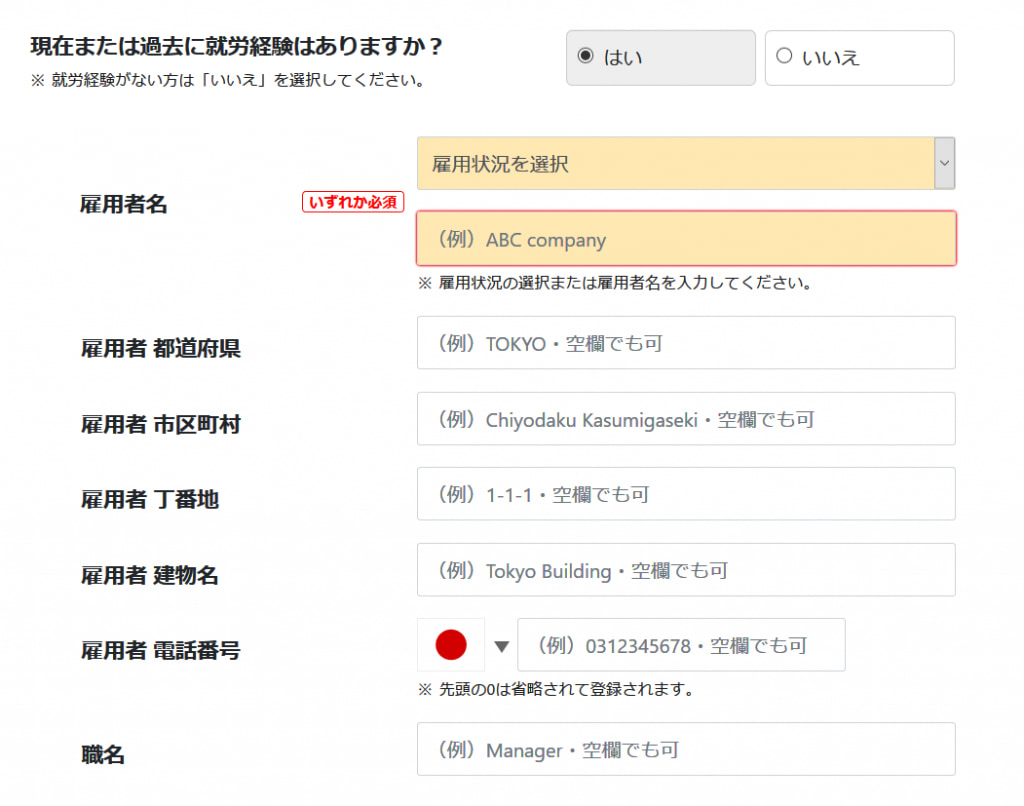 勤務先情報は英語とローマ字でご入力ください